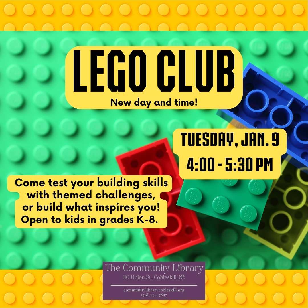Lego club meeting announcement Tuesday, January 9 at 4:00 pm
