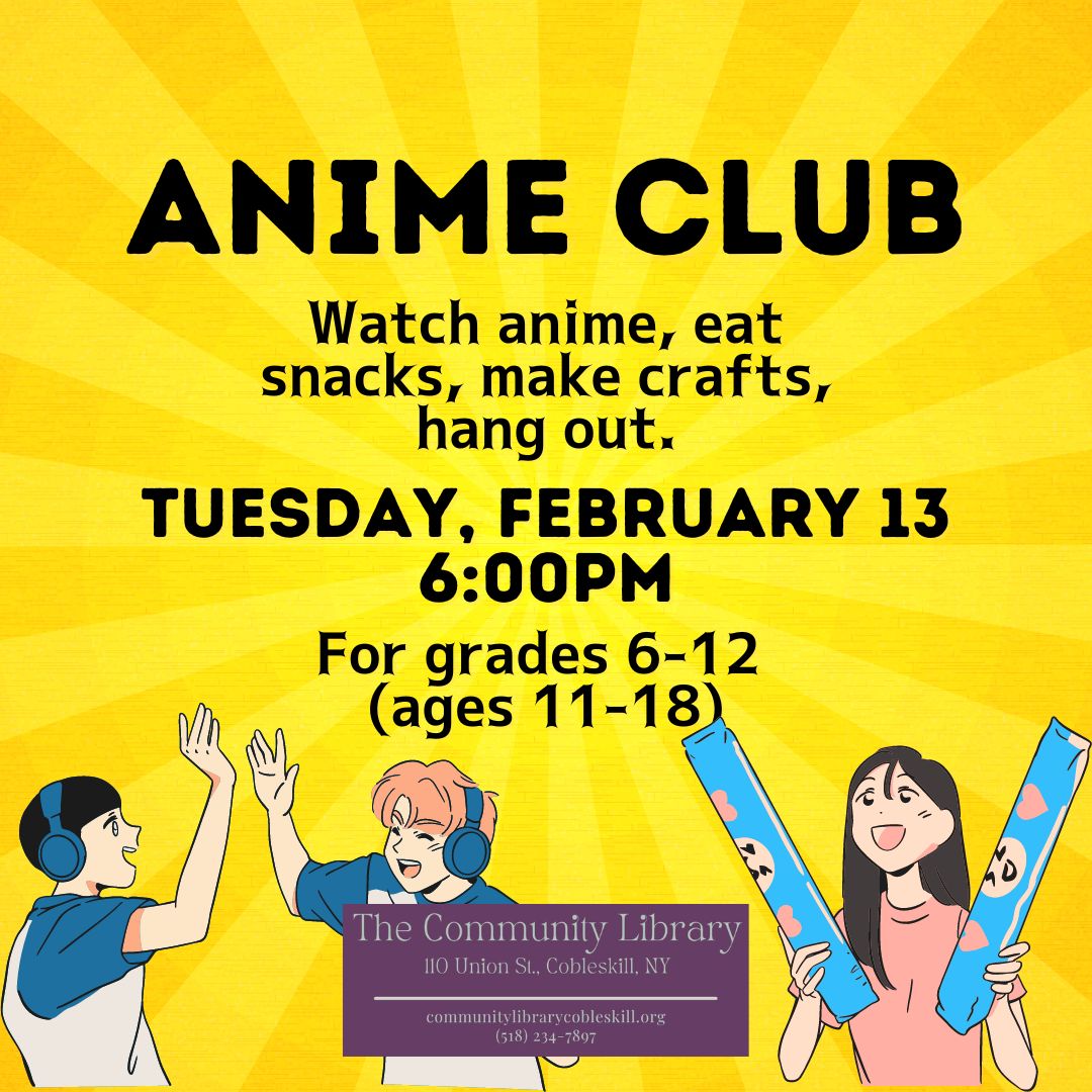 an ad for the Anime club featuring anime-style images of three happy teens