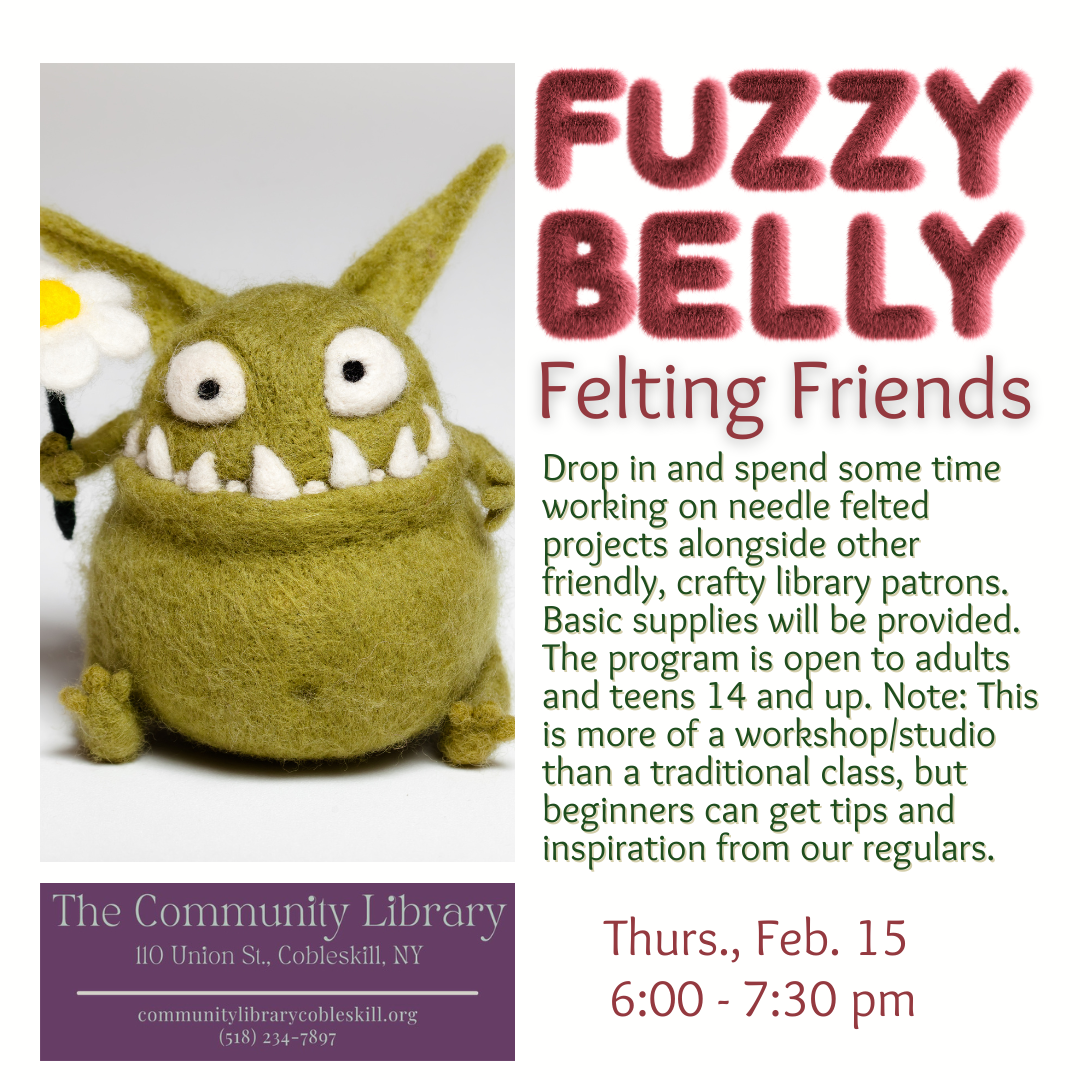 an ad for the Fuzzy belly felting program featuring a felted green goblin holding a felted daisy