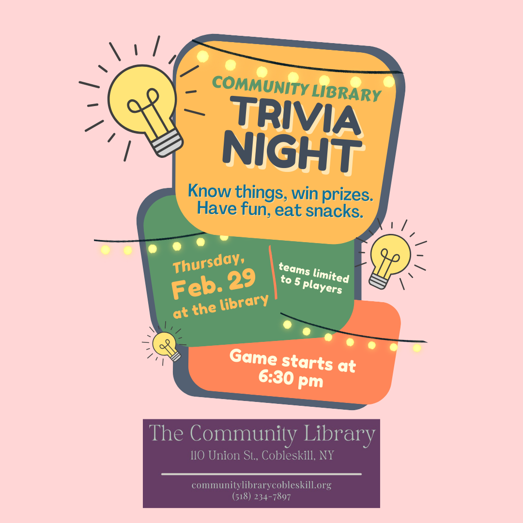 Trivia Night at the library Thursday, February 29 at 6 pm