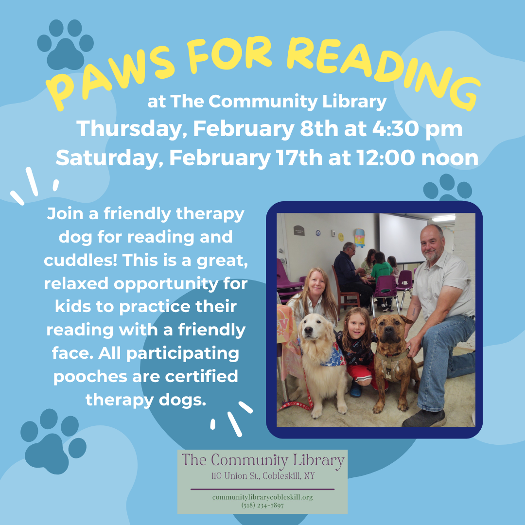 ad for Paws for Reading program featuring an image of two dogs with two adults and a child