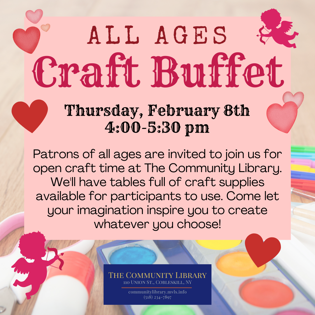 an ad for the All Ages craft buffet program with art supplies, hearts, and cupids