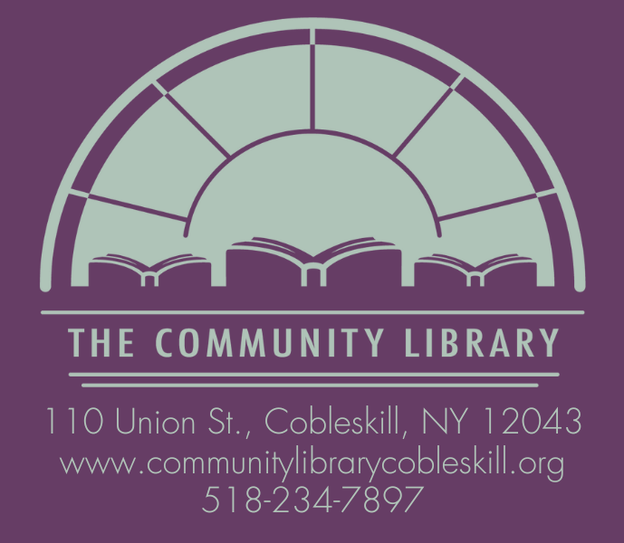 the logo of the community library featuring three open books inside an arched window frame on a dark purple background