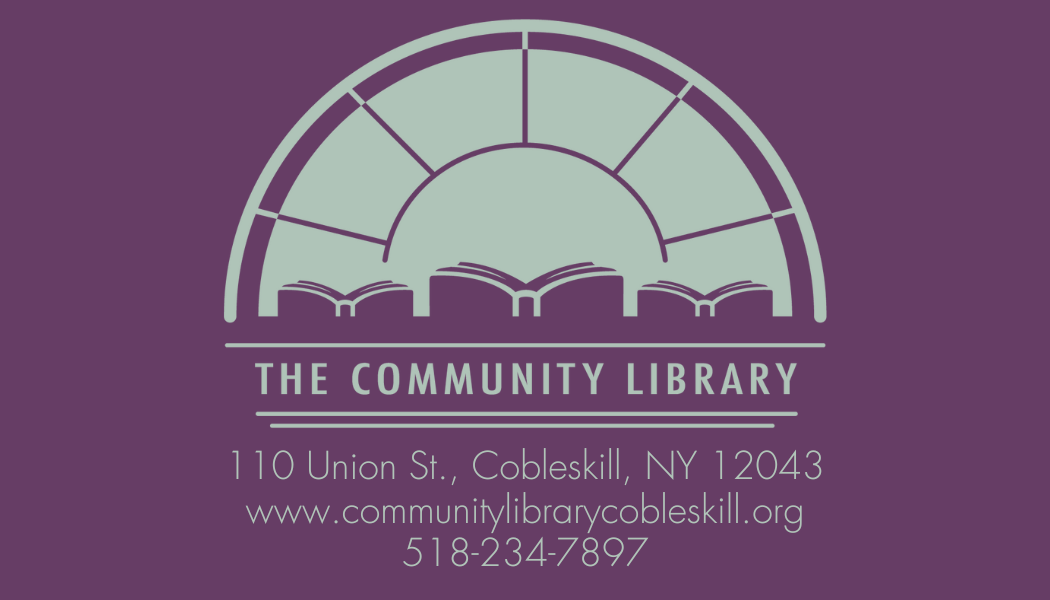 the logo of the community library featuring three open books inside an arched window frame on a dark purple background