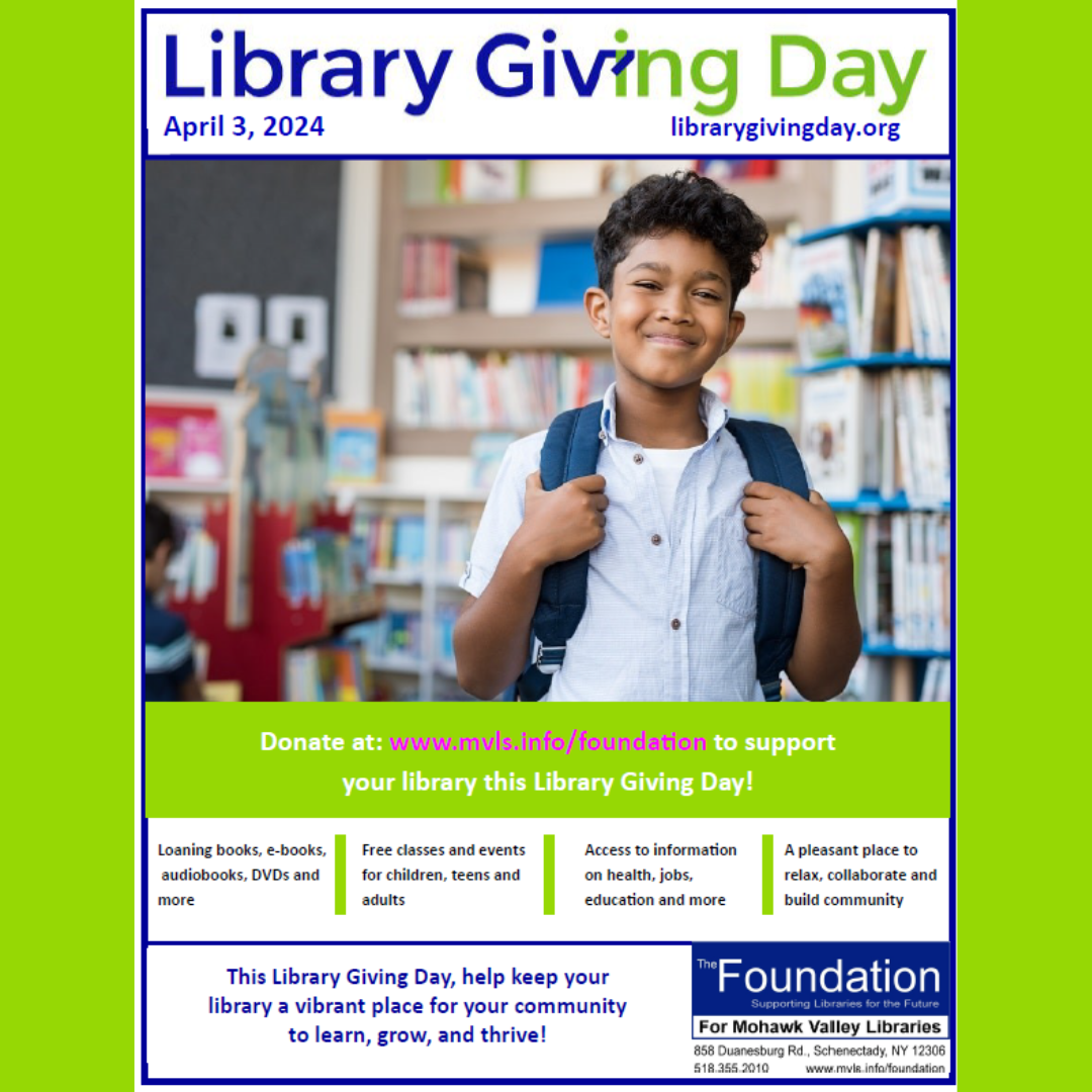 Donate to the foundation for the mohawk valley library system on April 3rd.