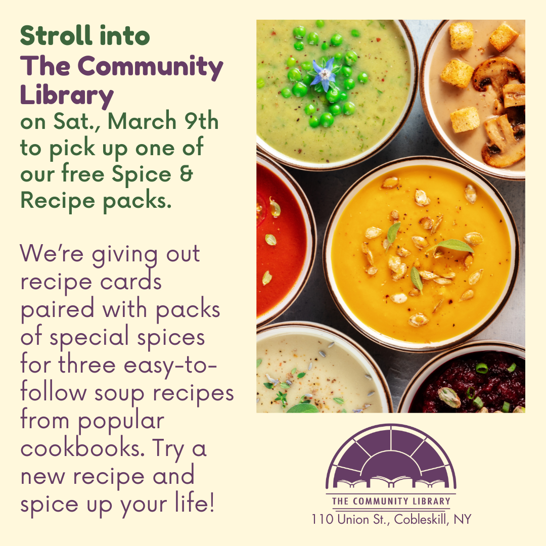 Stop by the library to pick up recipe & spice packets to make three different soups.