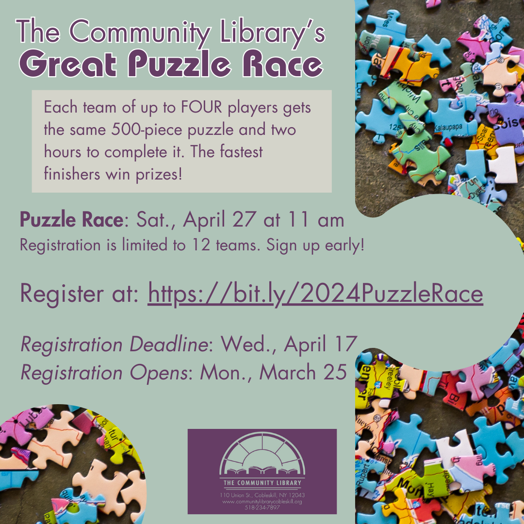 Great Puzzle Race April 27 at 11 am. Register by April 17.