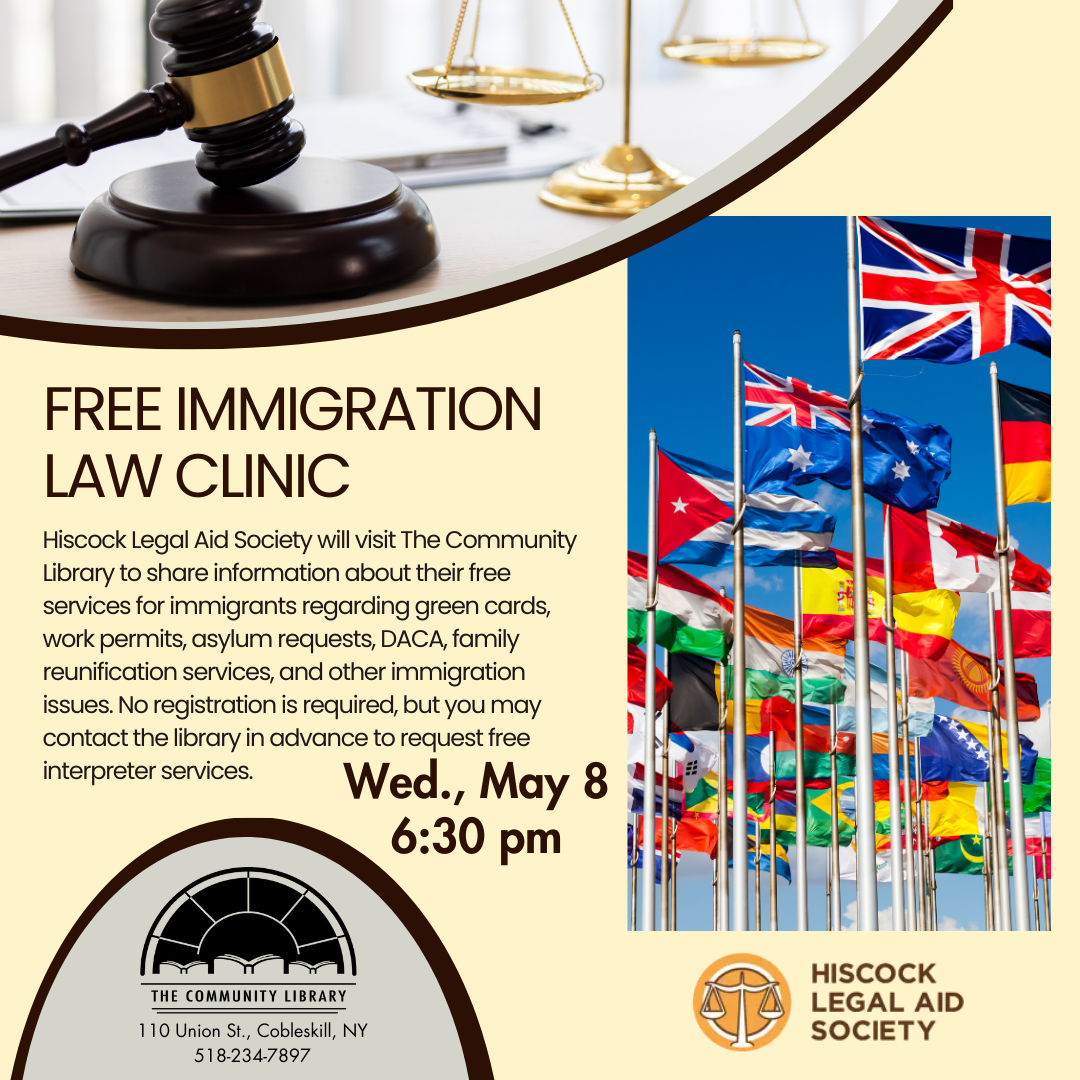 free immigration law clinic Wednesday, May 8th at 6:30 pm