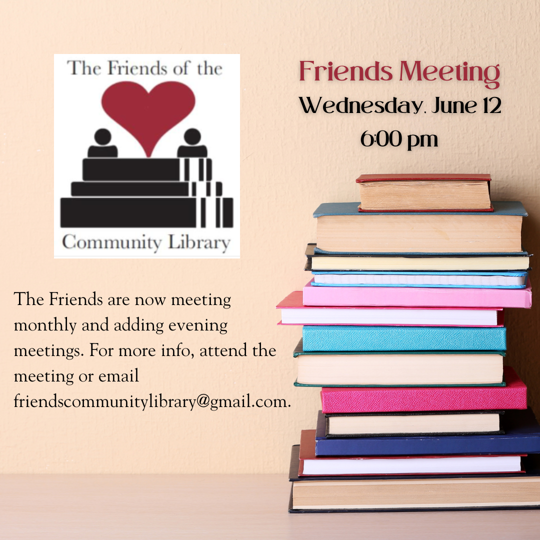 Friends of the library meeting June 12 at 6 pm